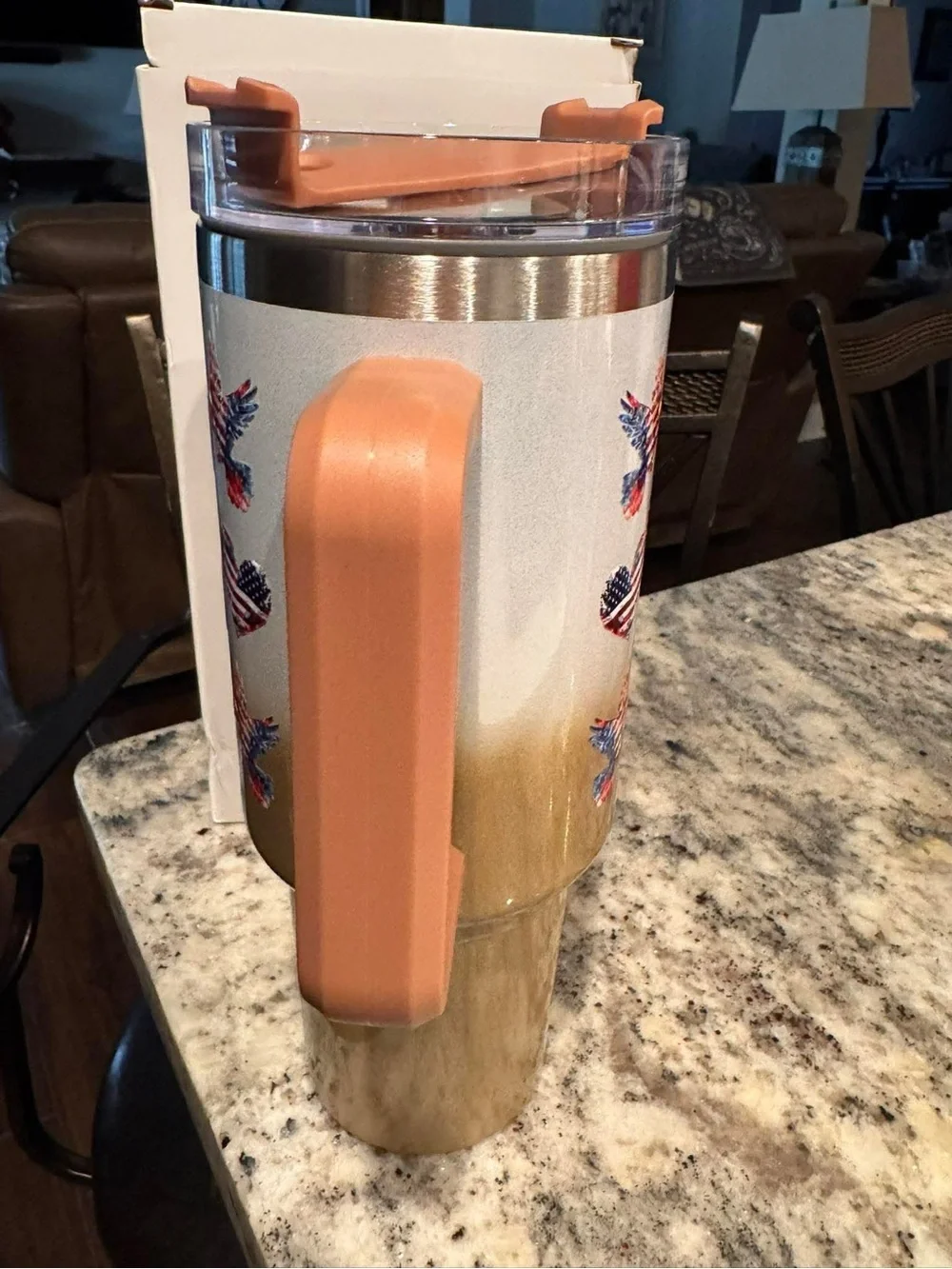 Hand Crafted Tan & Peach Veteran Boot Travel Mug NEW IN BOX WITH STRAW